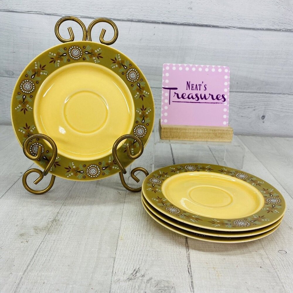 Vintage Sears BIT OF NORWAY Flowers Yellow Center Ironstone Saucer Plates Set 4